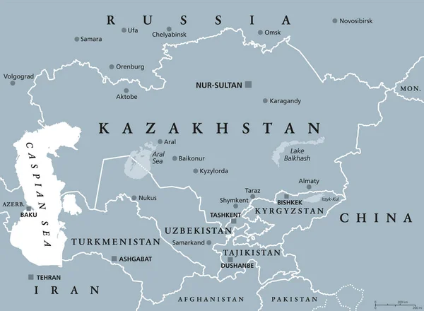灰色政治地图 亚洲次区域 由前苏联加盟共和国组成 从里海到中国和蒙古 从俄罗斯南部到阿富汗和伊朗 — 图库矢量图片