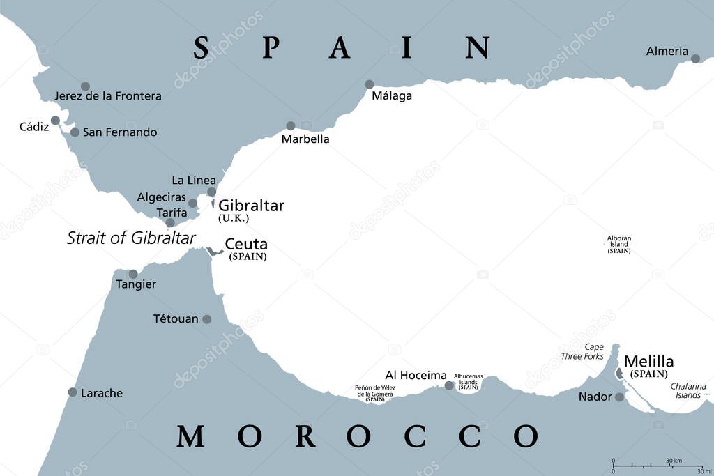 Strait of Gibraltar, gray political map. Also known as Straits of Gibraltar. A narrow strait, connecting Atlantic Ocean to Mediterranean Sea, separating the Iberian Peninsula from Morocco and Africa.