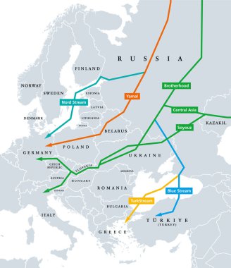 Rusya 'dan Avrupa' ya doğal gaz boru hatları, siyasi harita. Farklı renklerde gösterilen var olan ana boru hatları. Nord Stream, Yamal, Brotherhood, Central Asia, Soyouz, Blue Stream ve Turkstream.
