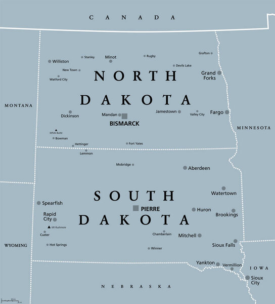 The Dakotas, gray political map. Collective term for the US states of North Dakota and South Dakota, in the Upper Midwest and North Central. Used to describe Dakota Territory and collective heritage.