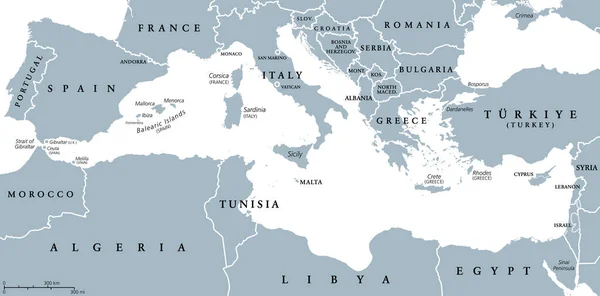 Mar Mediterráneo Mapa Político Gris Con Fronteras Internacionales Países Islas — Archivo Imágenes Vectoriales