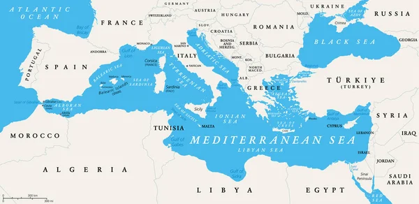 Las Subdivisiones Del Mar Mediterráneo Mapa Político Con Estrechos Países — Vector de stock