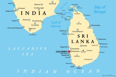 Sri Lanka ve Güney Hindistan 'ın bir kısmı, politik harita. Eskiden Seylan olarak bilinen Sri Lanka Demokratik Sosyalist Cumhuriyeti, Güney Asya ve Hint Okyanusu 'ndaki ada ülkesi, fiilen başkenti Colombo ile birlikte..