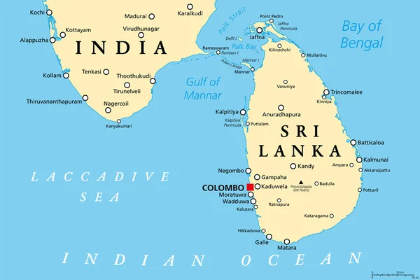 Sri Lanka Een Deel Van Zuid India Politieke Kaart Democratische — Stockvector