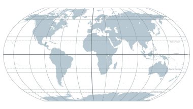 The world with most important circles of latitudes and longitudes, gray political map. Equator, Greenwich meridian, Arctic and Antarctic Circle, Tropic of Cancer and Capricorn. Illustration. Vector. clipart