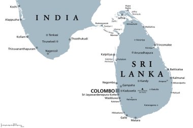 Sri Lanka ve Güney Hindistan 'ın bir kısmı, gri politik harita. Sri Lanka Demokratik Sosyalist Cumhuriyeti, eski Seylan, Güney Asya ve Hint Okyanusu 'ndaki ada ülkesi, fiilen başkenti Colombo ile.