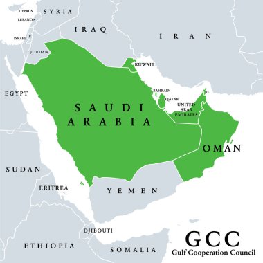 Gulf Cooperation Council, GCC member states, political map. Regional, intergovernmental, political, economic union, consisting of Bahrain, Kuwait, Oman, Qatar, Saudi Arabia, and United Arab Emirates.