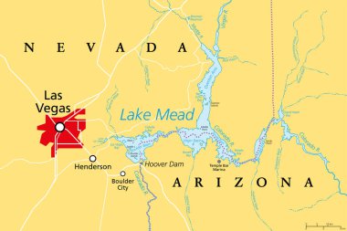 Las Vegas and Lake Mead, political map. Vegas, most populous city in Nevada, known primarily for its gambling and entertainment, left of Lake Mead, a reservoir formed by Hoover Dam on Colorado River.