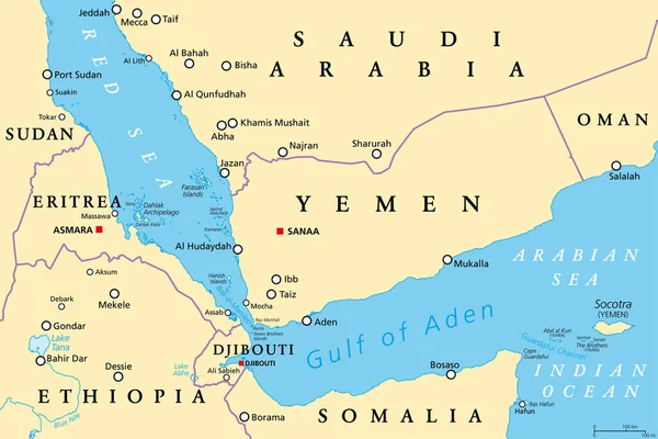 Golf Von Aden Politische Landkarte Tiefwassergraben Zwischen Jemen Dschibuti Dem — Stockvektor
