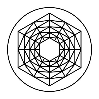 Simetrik altıgen şekilli şebeke şekli, bir daire şeklinde. Beş altıgen, birbiri içine yerleştirilmiş, ızgara hatlarına bağlı. Barbury Kalesi 'nde bulunan bir ekin çemberi desenine göre modellenmiş. Görüntü.
