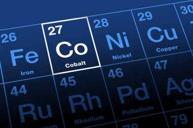 Cobalt on periodic table of the elements. Ferromagnetic transition metal, with the element symbol Co, and with the atomic number 27. Primarily used in rechargeable batteries. Illustration. Vector clipart