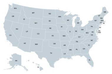 United States of America, gray political map. Fifty single states with their own geographic territories and borders, bound together in a union and federal government. Labeled with USPS abbreviations.