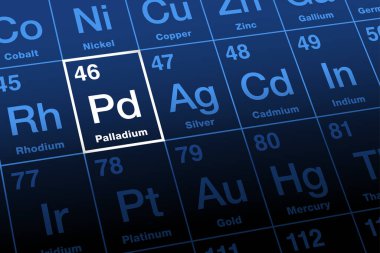 Periyodik elementler tablosunda paladyum. Element sembolü Pd ve atom numarası 46 olan Pallas adlı asteroitten sonra adlandırılan nadir metaller. Yakıt hücrelerinin anahtar bileşenidir ve katalitik dönüştürücülerde kullanılır..