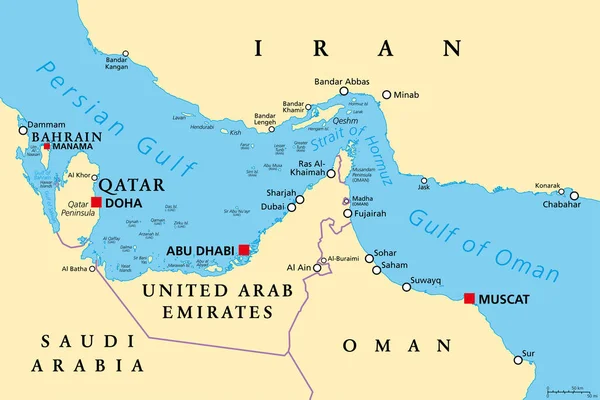 Strait Hormuz Political Map Waterway Persian Gulf Gulf Oman Strategically — Vector de stock