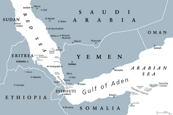 Gulf Aden Area Gray Political Map Deepwater Gulf Yemen Djibouti — Archivo Imágenes Vectoriales