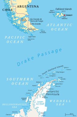 Drake Passage, politik harita. Mar de Hoces, Hoces Denizi, Cape Horn ve Antarktika Yarımadası arasında bir su kütlesi. Güney Atlantik Okyanusu 'nu Güney Pasifik Okyanusu' na bağlayıp Güney Okyanusu 'na kadar uzanır..