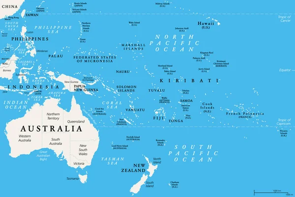 Ozeanien Politische Landkarte Australien Und Pazifik Einschließlich Neuseeland Geographische Region — Stockvektor