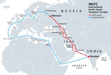 INSTC, International NorthSouth Transport Corridor, political map. Network for moving freight, with Moscow as north end and Mumbai as south end, replacing the standard route across Mediterranean Sea.