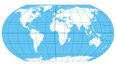 The World, important circles of latitudes and longitudes, blue colored political map. Equator, Greenwich meridian, Arctic and Antarctic Circle, Tropic of Cancer and Capricorn. Illustration. Vector. clipart