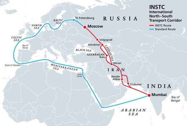 Instc International Northsouth Transport Corridor Political Map Network Moving Freight — Stockvektor