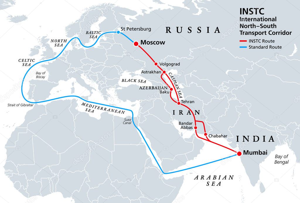 INSTC, International NorthSouth Transport Corridor, political map. Network for moving freight, with Moscow as north end and Mumbai as south end, replacing the standard route across Mediterranean Sea.