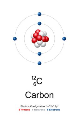 Karbon, atom modeli. Sembol C ve atom numarası 6 olan kimyasal element. Bohr karbon-12 modeli, atom çekirdeği 6 proton ve 6 nötron, ve atom kabuğunda 6 elektron ile.
