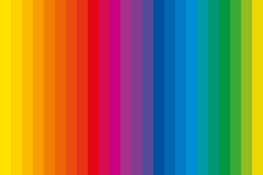 Color bars with complementary colors. Spectrum of 24 rainbow colored strips, unique color hues in a row, derived from a color wheel, being used in art and for paintings. Primary color mixing theory.