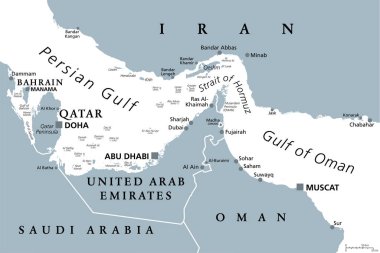 Strait of Hormuz, gray political map. Waterway between Persian Gulf and Gulf of Oman. Strategically very important choke point, with Iran to the north and UAE and Oman exclave Musandam to the south.