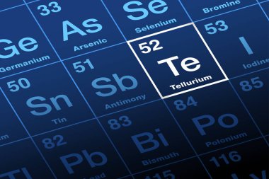Tellurium on periodic table. Rare metalloid, chalcogen and chemical element with Symbol Te from Latin tellus for earth. Atomic number 52. Used for copper and steel alloys, improving the machinability.