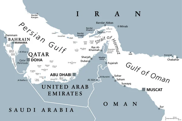 Strait Hormuz Gray Political Map Waterway Persian Gulf Gulf Oman — Archivo Imágenes Vectoriales