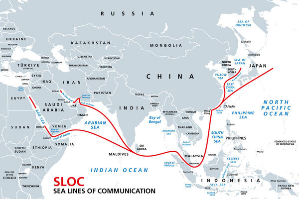 Indo-Pacific major energy SLOCs, political map. Geopolitically critical Sea Lines Of Communication. Primary maritime routes between ports, used for trade, logistics and naval forces. Illustration.