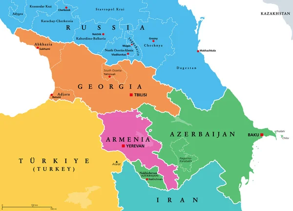 Caucasus Caucasia Colored Political Map Region Black Sea Caspian Sea — Vector de stock