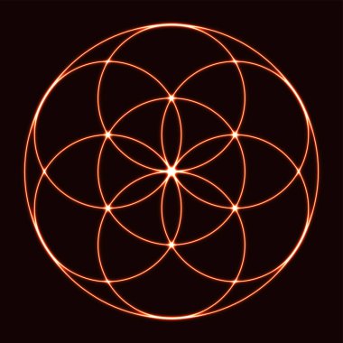 Seed of Life with neon glow effect, on black background. Ancient geometric figure, spiritual symbol and Sacred Geometry. Overlapping circles forming a flower like pattern, preform of Flower of Life.