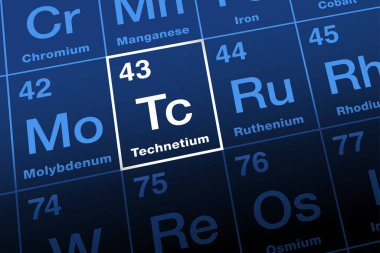 Technetium on periodic table. Transition metal with atomic number 43, named after Greek technetos, meaning artificial. Naturally occurring as a spontaneous fission product in uranium and thorium ores.