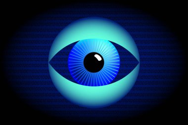 Surveillance eye and Big Data symbol. Blue eyeball between wide open spread turquoise eyelids, in front of a dark blue background, with binary coding of zero and one numbers, in random order. Vector
