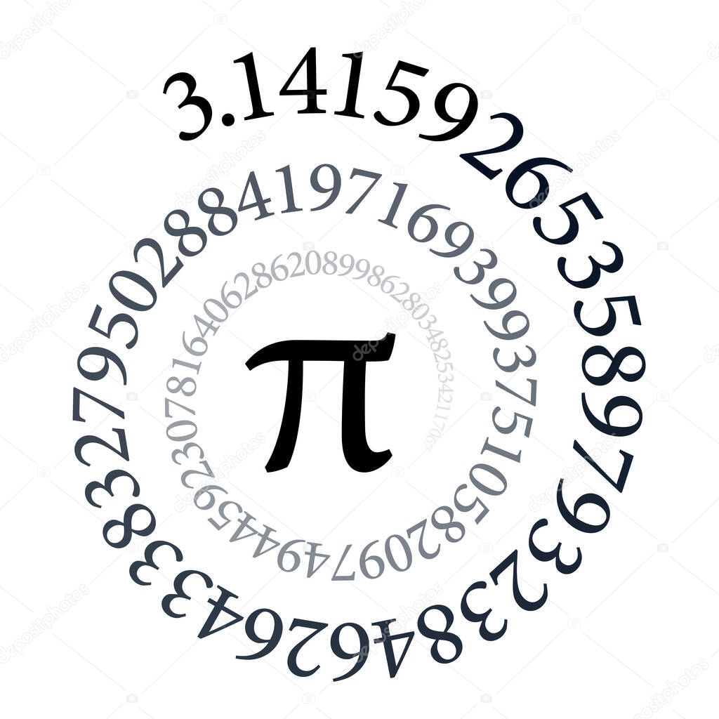 Pi spiral. The first hundred digits of the infinite circle number and mathematical constant Pi, forming an arithmetic spiral. Black and white colored sequence, isolated on white background. Vector.