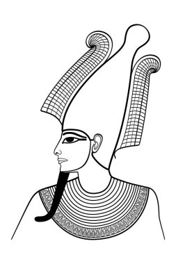 Osiris, portrait of the ancient Egypt god of afterlife, dead and resurrection. Partially mummy-wrapped with a pharaoh beard and an atef crown. Cut up by his brother Seth, resurrected by his wife Isis.