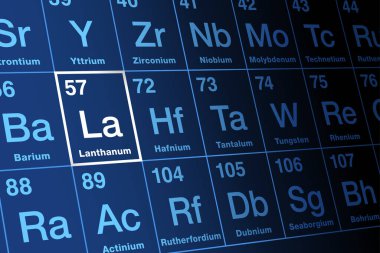 Lanthanum, on periodic table. Metal and rare earth element, with symbol La, from Greek lanthanein, meaning to lie hidden. Atomic number 57. Used as catalysts, additives in glass, lighters and torches.