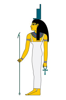 Isis, goddess in ancient Egypt religion, wearing a sheath dress and a throne hieroglyph on her head, holding a was sceptre and an ankh. The sister and wife of Osiris, whom she resurrected from death.