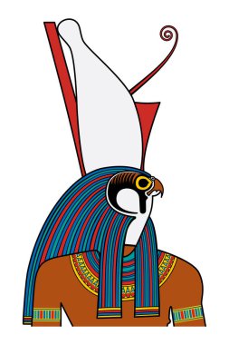 Horus portrait, god of kingship and the sky in ancient Egypt. Tutelary deity, depicted as falcon headed man, wearing the pschent, double crown and symbol of kingship over the entire kingdom of Egypt.