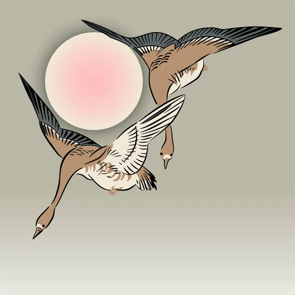 Два Летающих Крана Обрамляют Полнолуние Японская Гравюра Эпохи Мэйдзи Ёситоси — стоковый вектор
