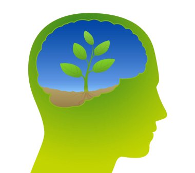 Brain with little sprout, symbol for sustainability, conscious handling of nature, mindful ecological cultivation and high awareness and knowledge of natural processes. Vector illustration.