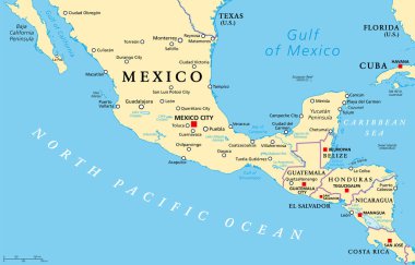 Mesoamerica, political map. Historical region and cultural area in southern North America and most of Central America, from Mexico to Costa Rica. Within this region pre Columbian societies flourished.