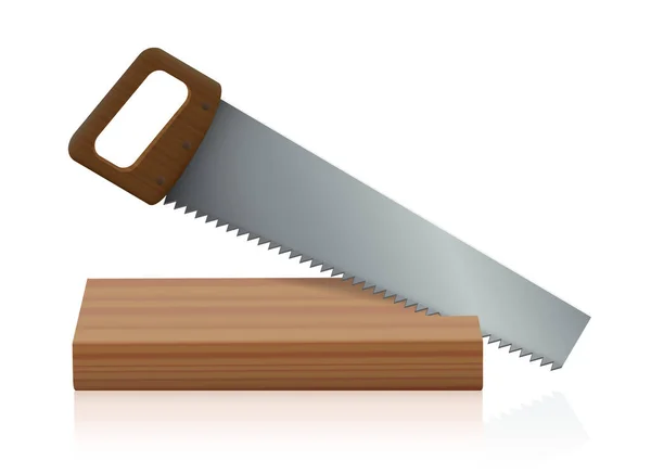锯木木板 带木柄的锯子 金属锯片和尖尖的锯齿 白色背景上的孤立矢量图解 — 图库矢量图片