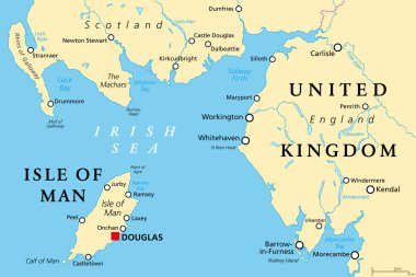 Man Adası, Mann olarak da bilinir, politik harita. Büyük Britanya ve İrlanda arasında İrlanda Denizi 'nde bir ada ulusu ve İngiliz Kraliyet Bağımlılığı. Bir vergi cenneti ve off-shore bankacılık merkezi. Vektör.