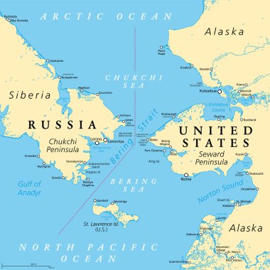 Bering Boğazı, politik harita. Kuzey Pasifik Okyanusu ile Kuzey Buz Denizi arasındaki boğazda Rusya 'nın Uzak Doğu yarımadasını Amerika Birleşik Devletleri' nin Alaska yarımadasından ayıran Çukçi Yarımadası vardır..