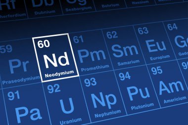 Periyodik tabloda Neodymium var. Atom numarası 60 ve element sembolü Nd olan lantanit serisi içinde nadir bulunan dünya metali, Yunanca 'da yeni ikiz anlamına gelir. Lazerler ve yüksek güçlü mıknatıslar için kullanılır..