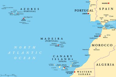 Azores, Madeira ve Kanarya Adaları, politik harita. Portekiz ve İspanya 'nın özerk bölgeleri, volkanik adaların takımadaları, Kuzey Atlantik okyanusunun Macaronezya bölgesinde, Kuzey Afrika' nın yanında.