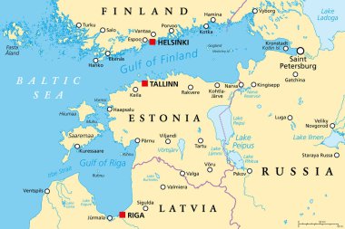 Finlandiya Körfezi ve Riga Körfezi bölgesi, siyasi harita. Kuzey ülkeleri Finlandiya, Estonya ve Letonya 'nın başkentleri Helsinki, Tallinn ve Riga ile Baltık Denizi' nden Saint Petersburg, Rusya.