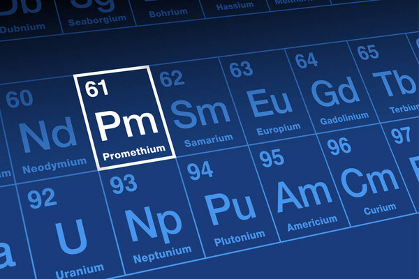 Прометий, в периодической таблице. Редкоземельный металл в серии лантанидов с порядковым номером 61 и символом элемента Pm происходит от Прометея, Титана. Используется в светящихся красках и атомных батареях.